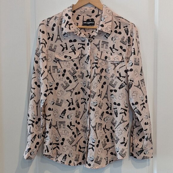 Karl Lagerfeld Button-up Blouse Women's Medium Pink Graphic Cats Paris Top - Picture 5 of 16